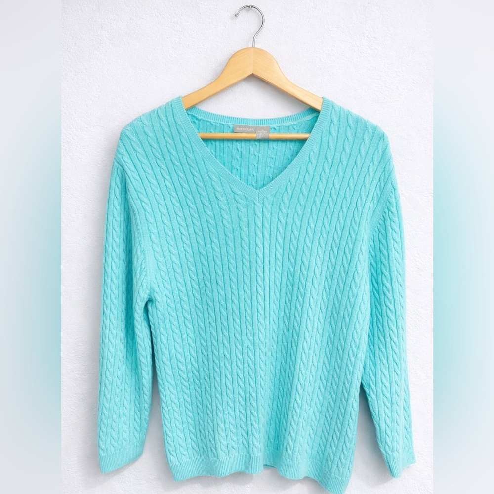 Field Gear Cable Knit Sweater Women’s XL Aqua V Neck Cotton Stretch